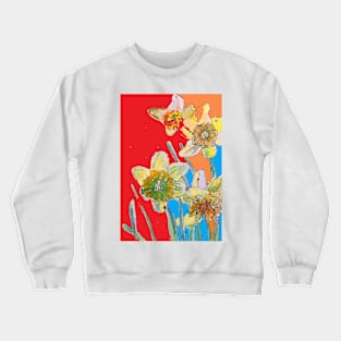 Abstract Yellow Daffodil Watercolor Pattern on Red, Orange and Blue Crewneck Sweatshirt